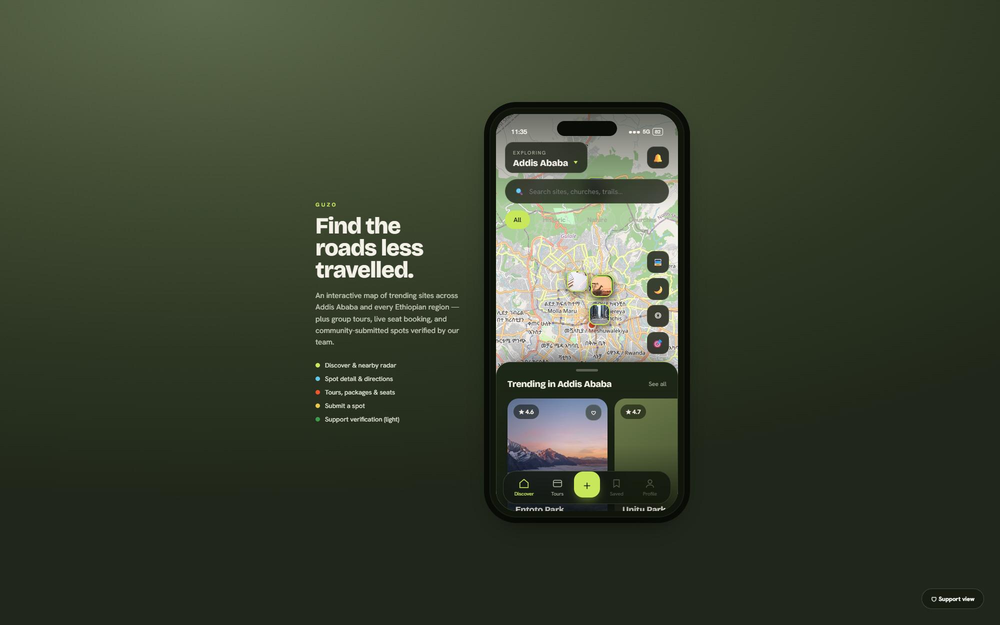The Guzo prototype on a moss-green page: the headline Find the roads less travelled beside a phone showing the Discover screen - a street map of Addis Ababa with photo pins, a search bar, category chips and a Trending in Addis Ababa sheet above a bottom bar with a lime plus button.