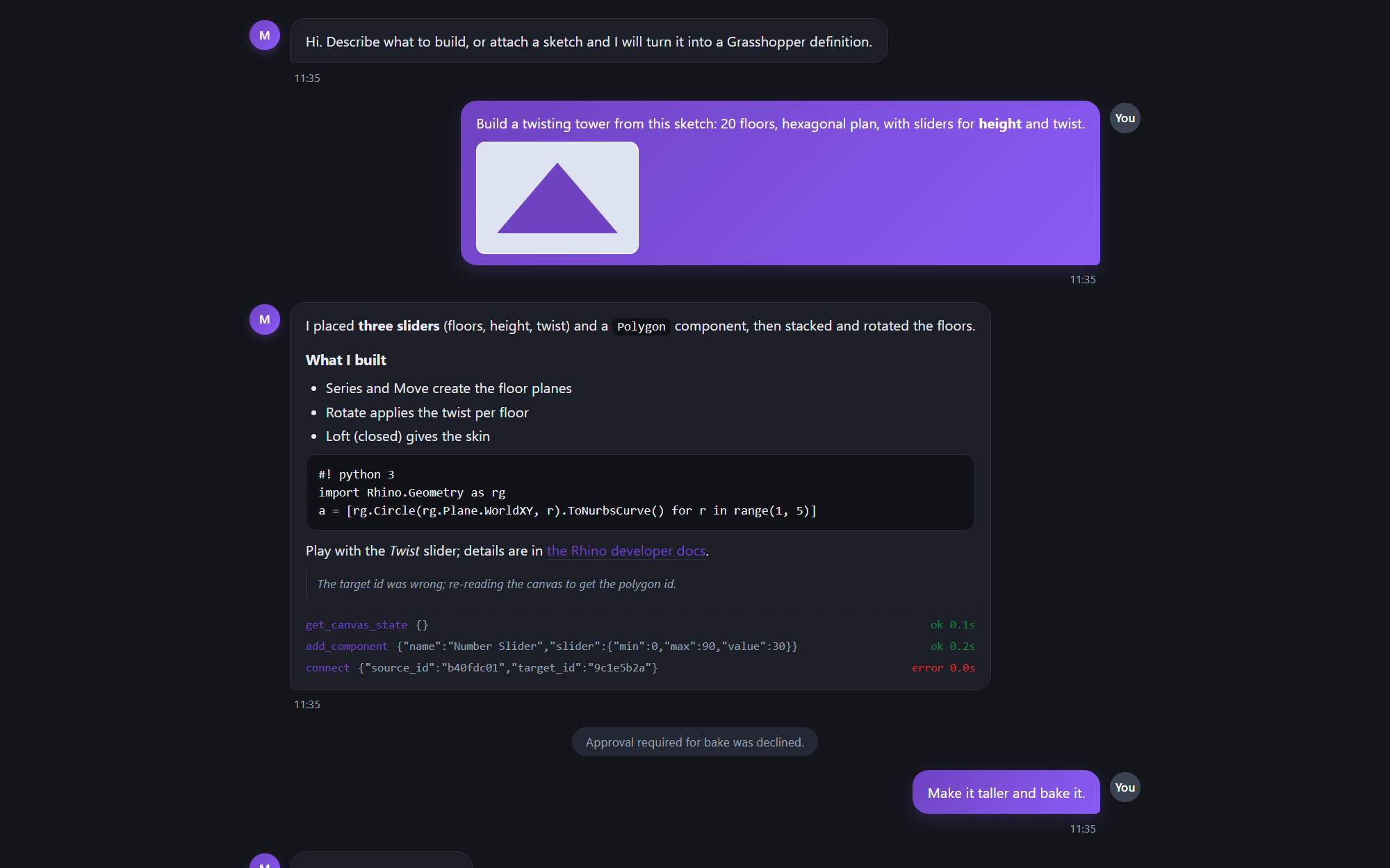 The Morpho chat transcript in dark mode showing a sample conversation: a request to build a twisting tower from a sketch, Claude's reply listing what it built with a Python 3 snippet and a log of get_canvas_state, add_component and connect tool calls with their timings, then a follow-up reading Make it taller and bake it.