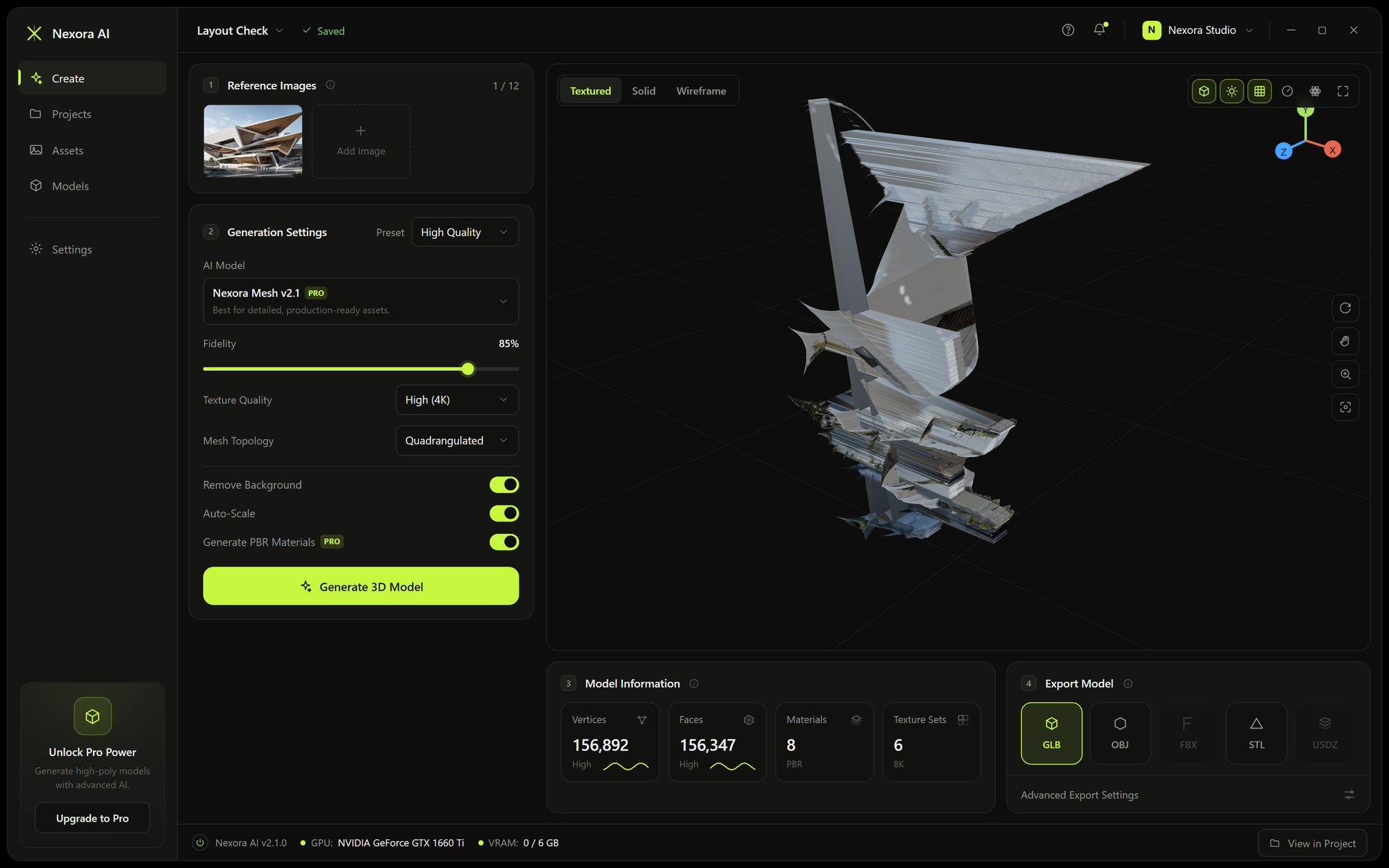 The Nexora AI studio: a reference photograph on the left beside generation settings, and the reconstructed mesh rendered in the 3D viewport, with vertex and face counts and the GLB, OBJ, FBX, STL and USDZ export options beneath it.