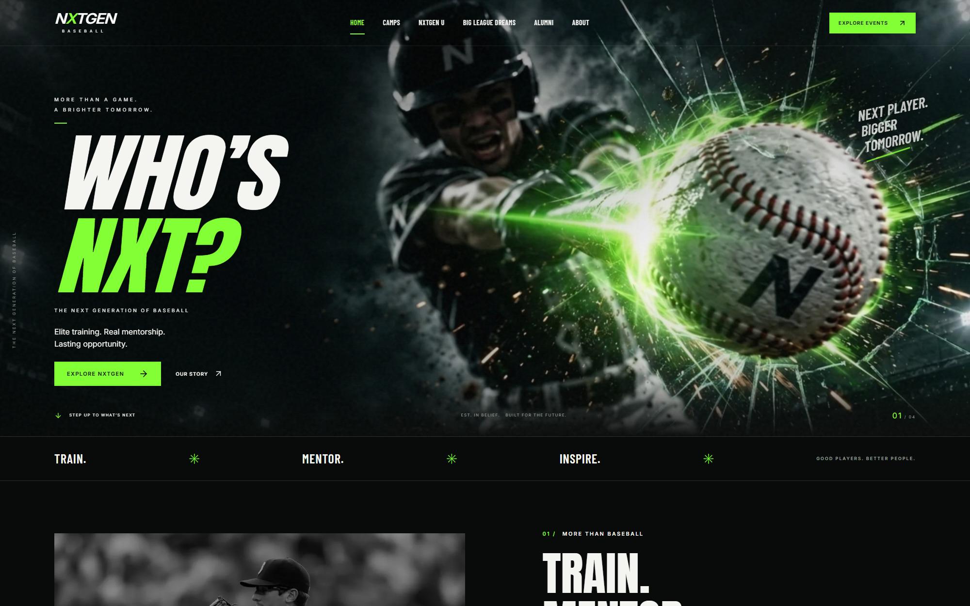 The NXTGEN Baseball homepage: a batter in a helmet connects with a ball that bursts through shattered glass in green light, beside the headline Who's Nxt? in white and neon green, the line Elite training. Real mentorship. Lasting opportunity., and an Explore NXTGEN button; a bar below reads Train. Mentor. Inspire.