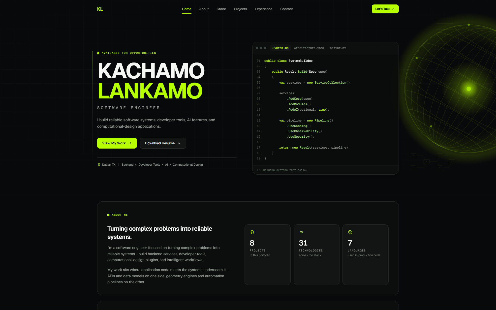 The kachamo.dev homepage on black with lime accents: the name Kachamo Lankamo in large type beside a code-editor panel, View My Work and Download Resume buttons, and an About section with three stat cards below.