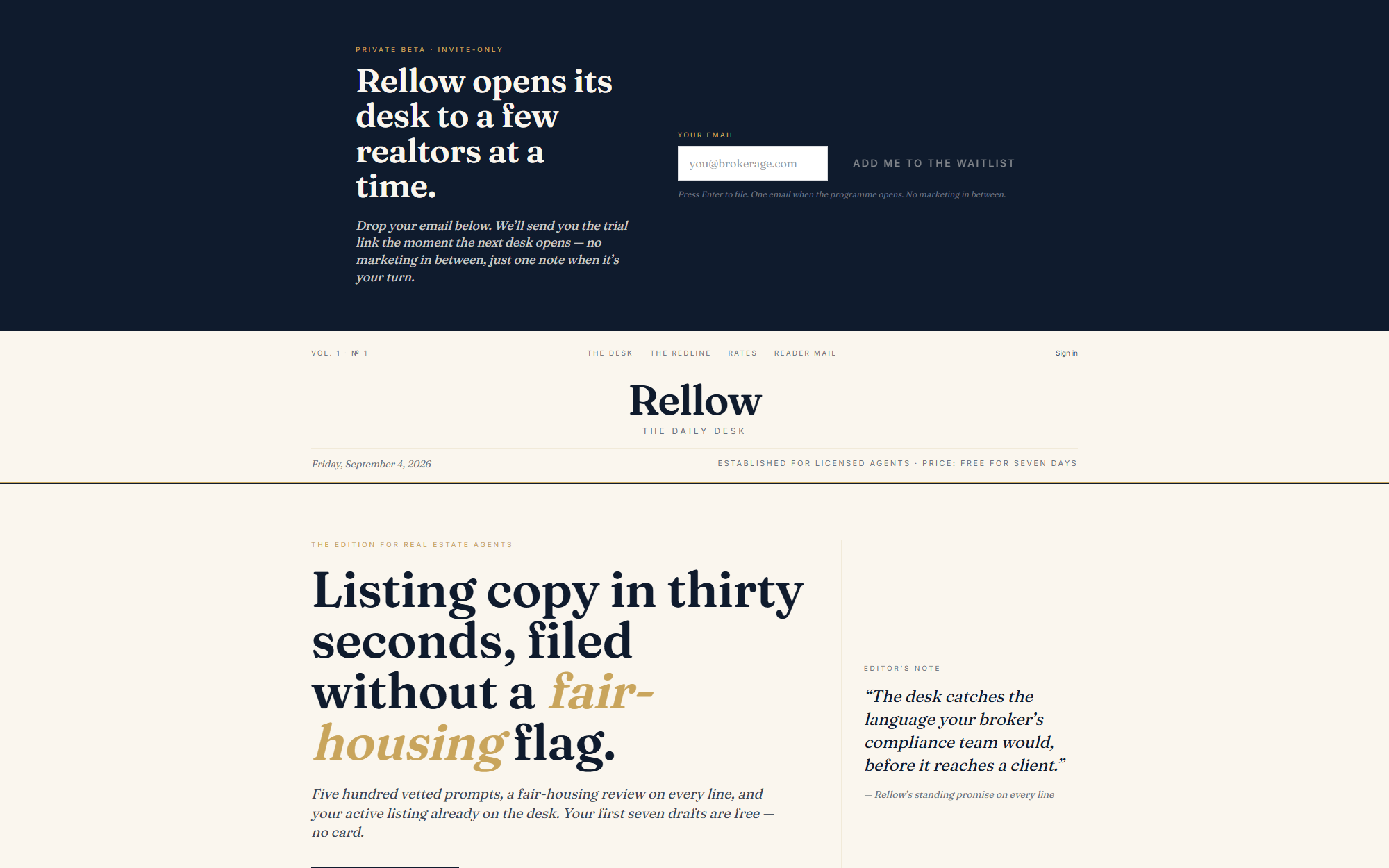The Rellow landing page styled as a newspaper: a navy private-beta banner with a waitlist email field, a cream masthead reading Rellow, The Daily Desk, and the headline Listing copy in thirty seconds, filed without a fair-housing flag.