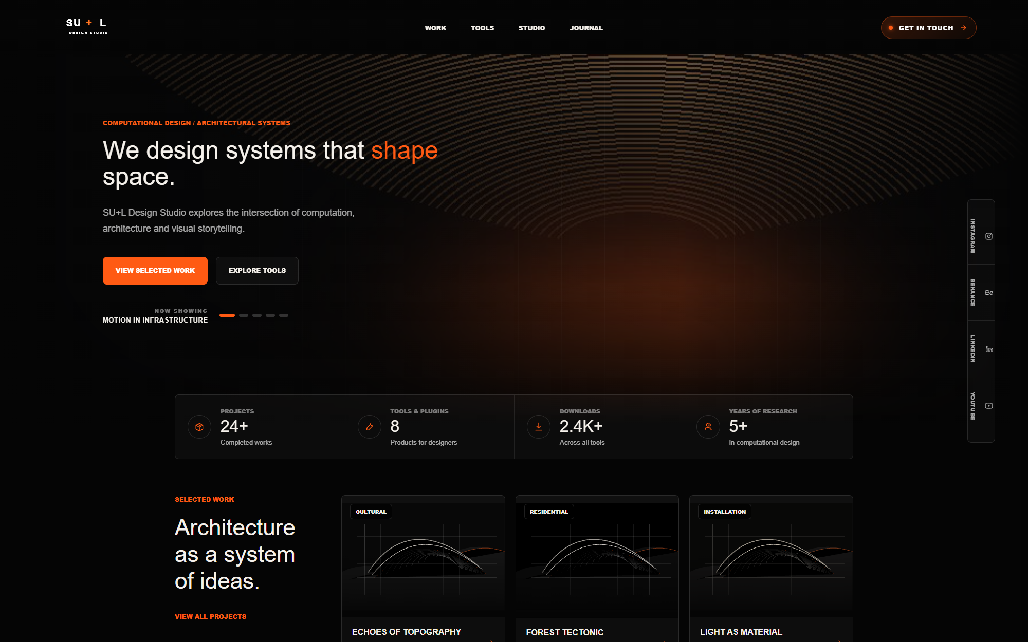 The SU+L Design Studio homepage on a near-black background with orange accents: the headline "We design systems that shape space" over concentric arcs of light, View Selected Work and Explore Tools buttons, a row of studio statistics, and three selected-work cards below.